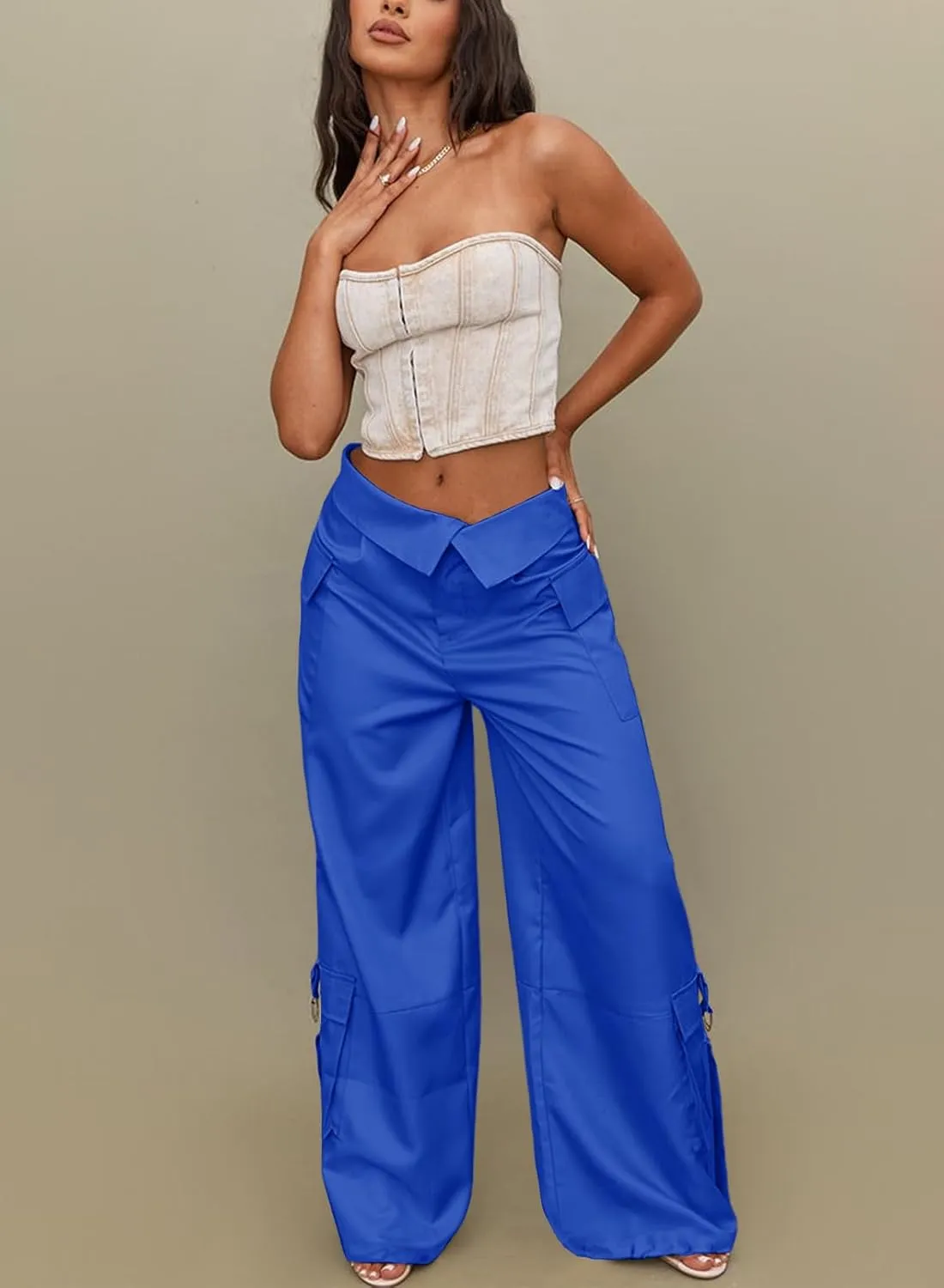 RAISECOM Cargo Pants for Women Lapel Waist Parachute Pants Casual Straight Pants with Flap Pockets