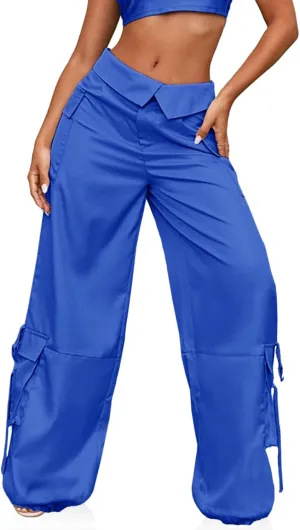 RAISECOM Cargo Pants for Women Lapel Waist Parachute Pants Casual Straight Pants with Flap Pockets