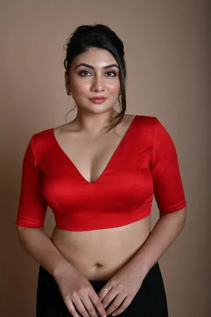 Red V Neck Blouse in Cotton with Half Sleeves