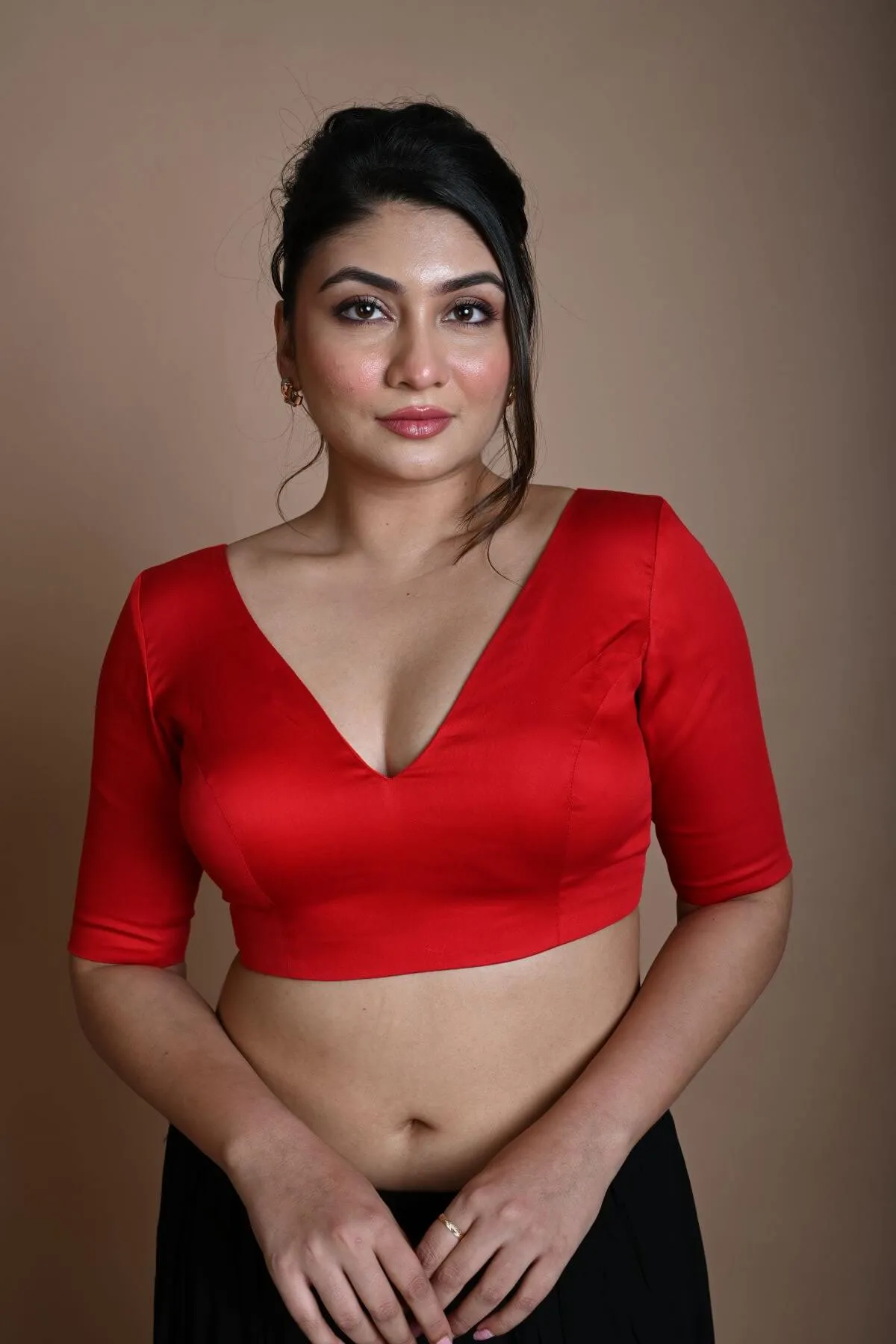 Red V Neck Blouse in Cotton with Half Sleeves