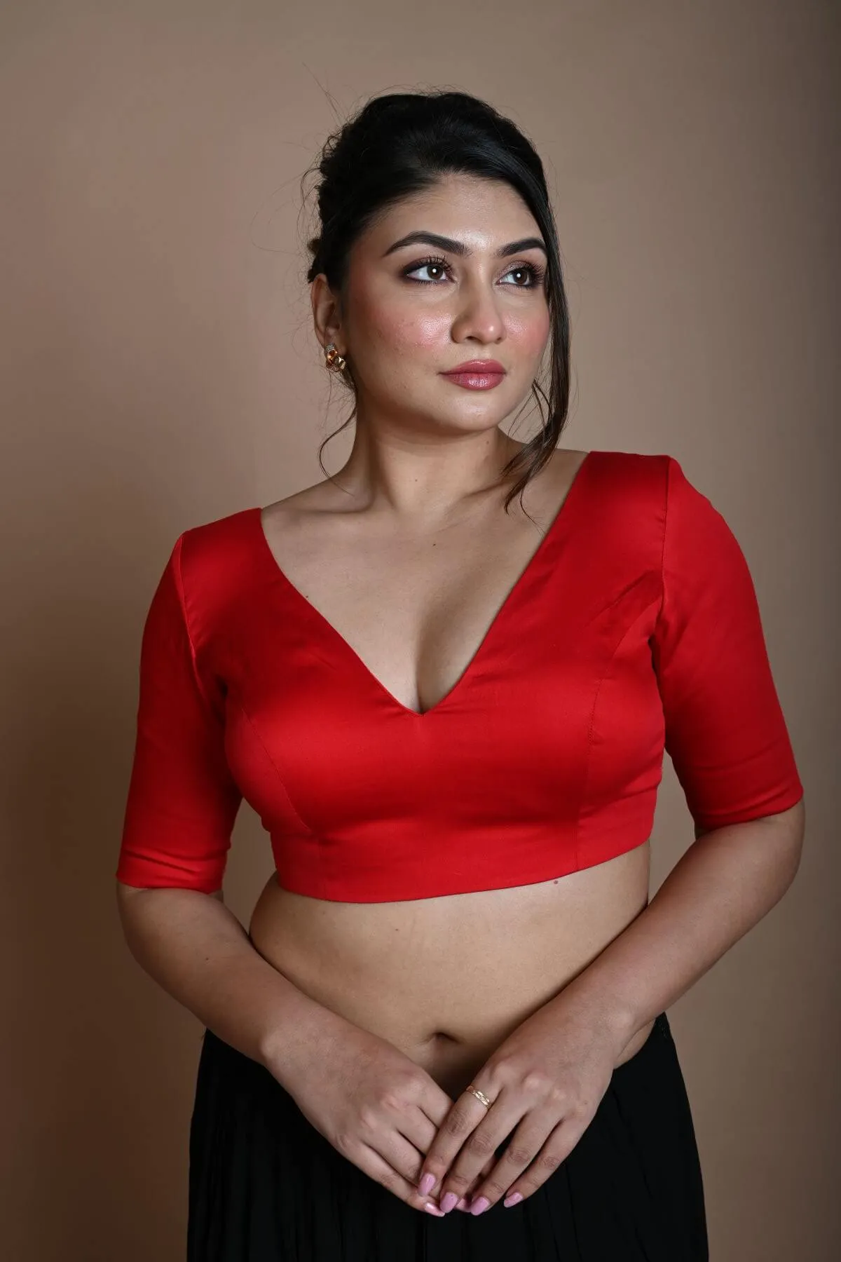 Red V Neck Blouse in Cotton with Half Sleeves