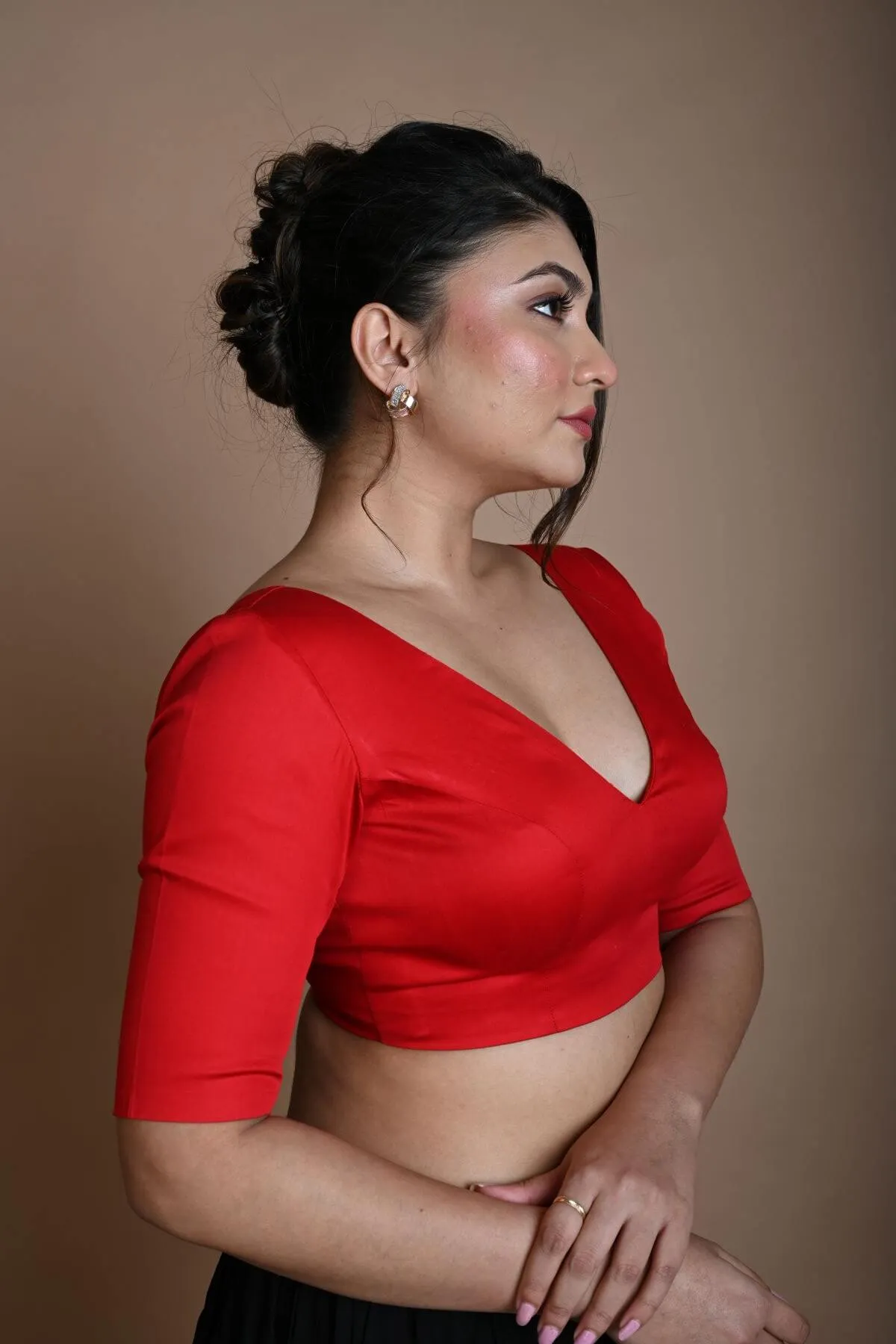 Red V Neck Blouse in Cotton with Half Sleeves
