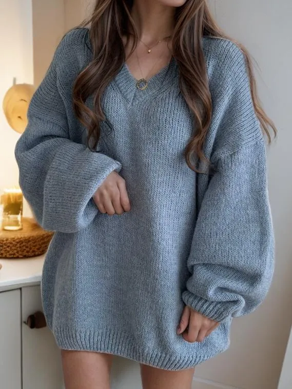 Relaxed Fit V-Neck Knit Sweater in Solid Color