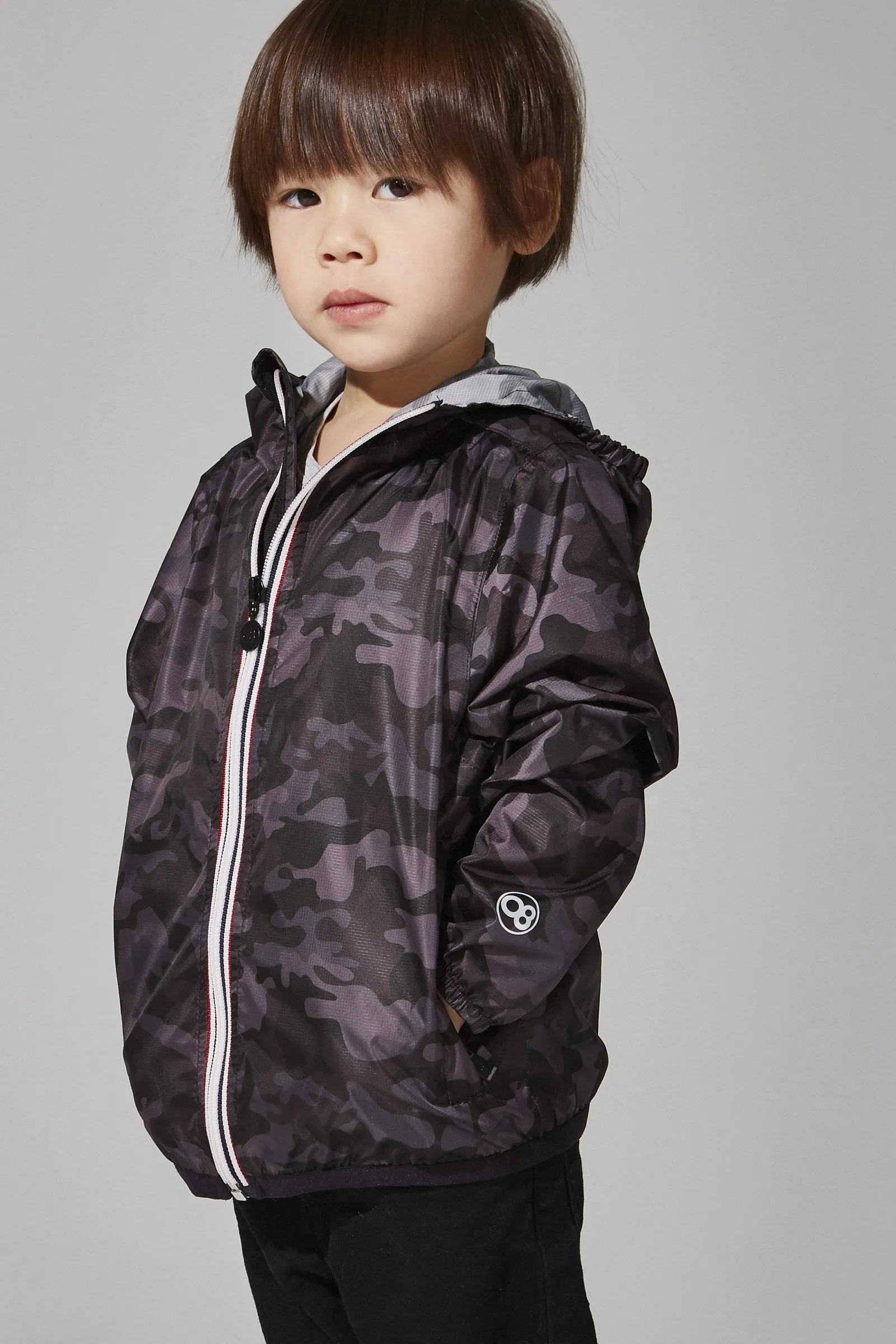 Sam Print - Kids Black Camo Full Zip Packable Rain Jacket