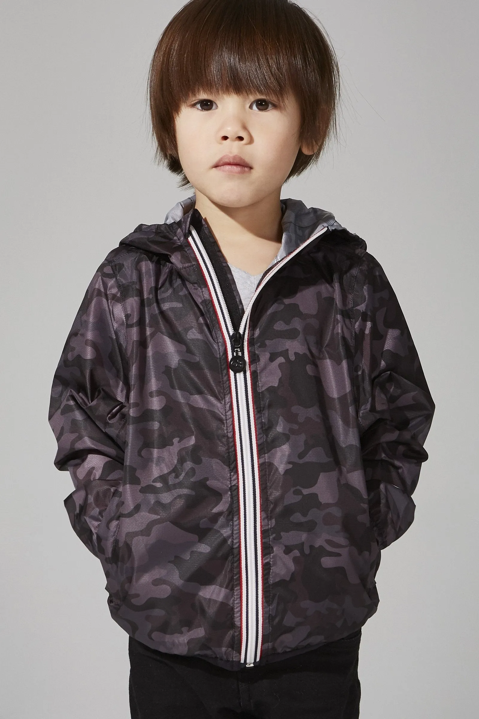 Sam Print - Kids Black Camo Full Zip Packable Rain Jacket