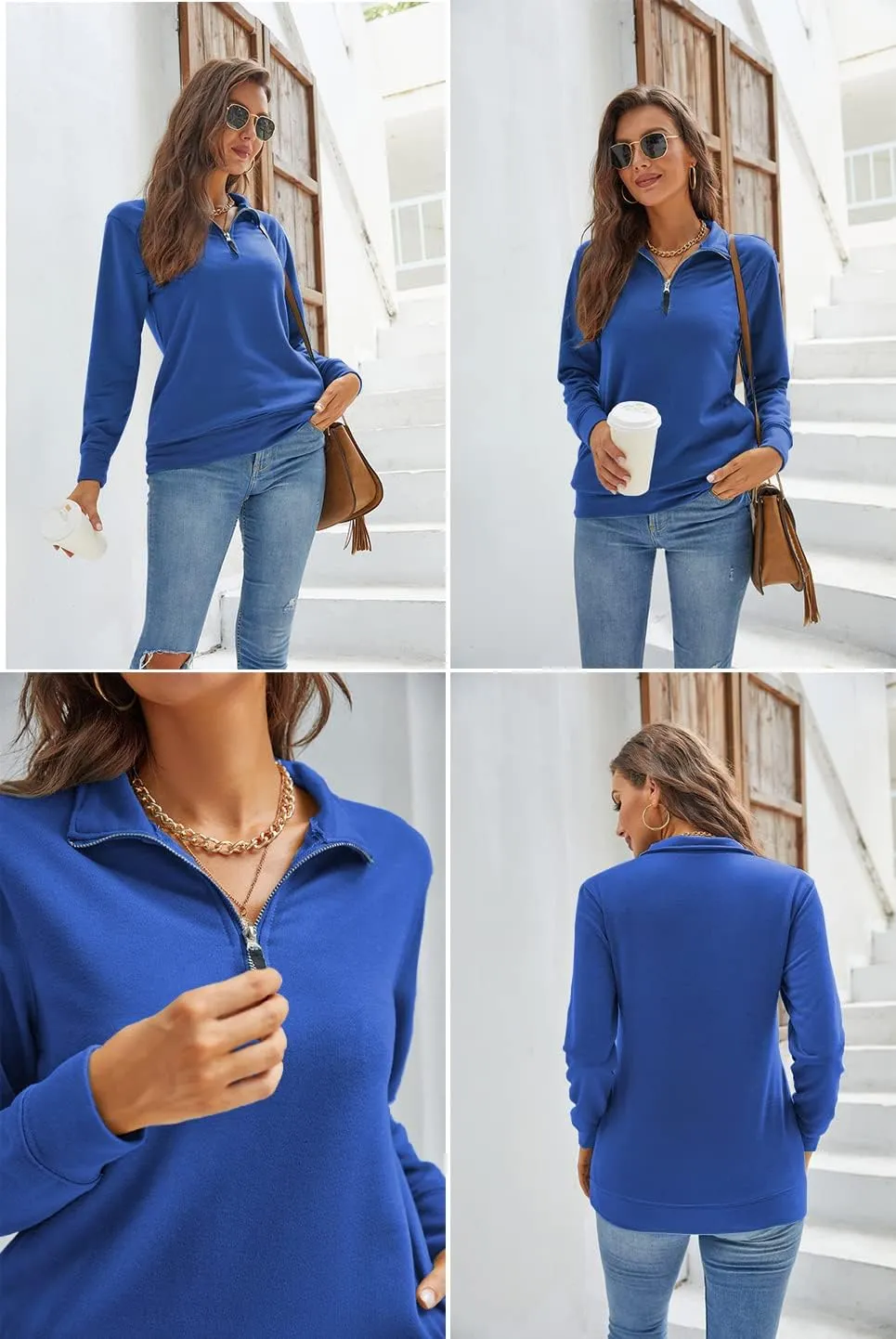 Samefar Womens Warm Cozy High Neck Long Sleeve Solid 1/4 Zip Pullover Sweatshirts with Pockets