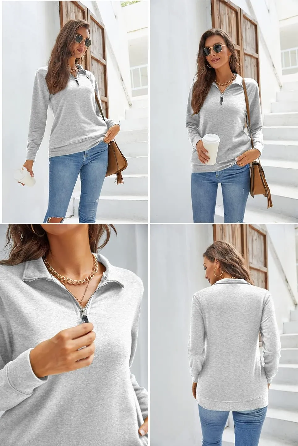 Samefar Womens Warm Cozy High Neck Long Sleeve Solid 1/4 Zip Pullover Sweatshirts with Pockets