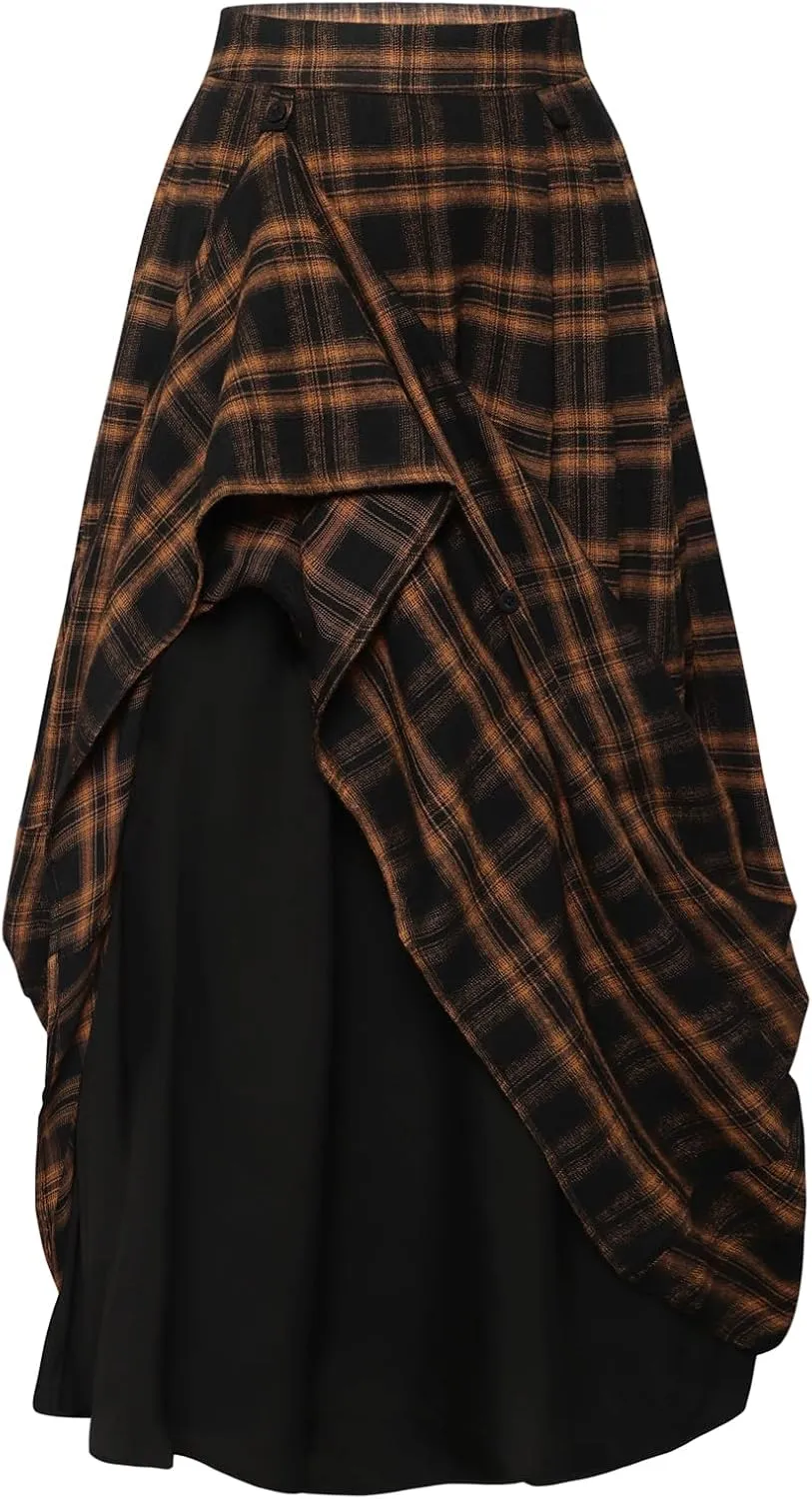 Scarlet Darkness Plaid Skirts for Women High Waist Long Skirt with Pockets