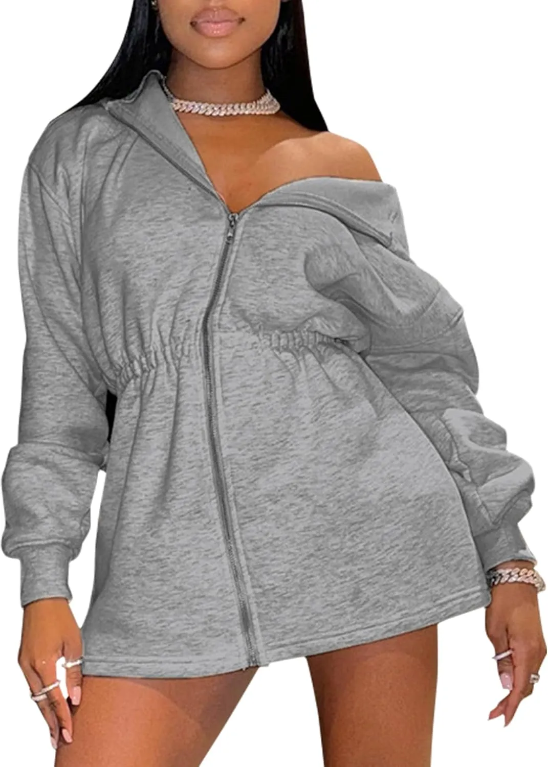Sedrinuo Womens Zip Up Hoodie Sweatshirts Oversized V Neck Long Sleeve Elastic Waist Sweaters Loose Fit Pullover Outfits