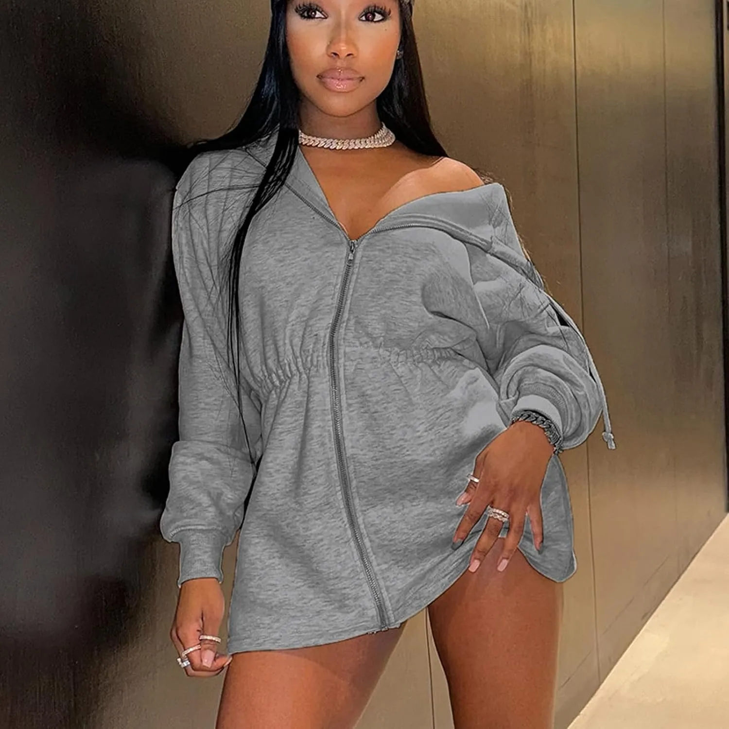 Sedrinuo Womens Zip Up Hoodie Sweatshirts Oversized V Neck Long Sleeve Elastic Waist Sweaters Loose Fit Pullover Outfits