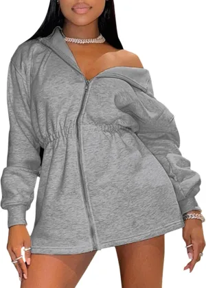 Sedrinuo Womens Zip Up Hoodie Sweatshirts Oversized V Neck Long Sleeve Elastic Waist Sweaters Loose Fit Pullover Outfits