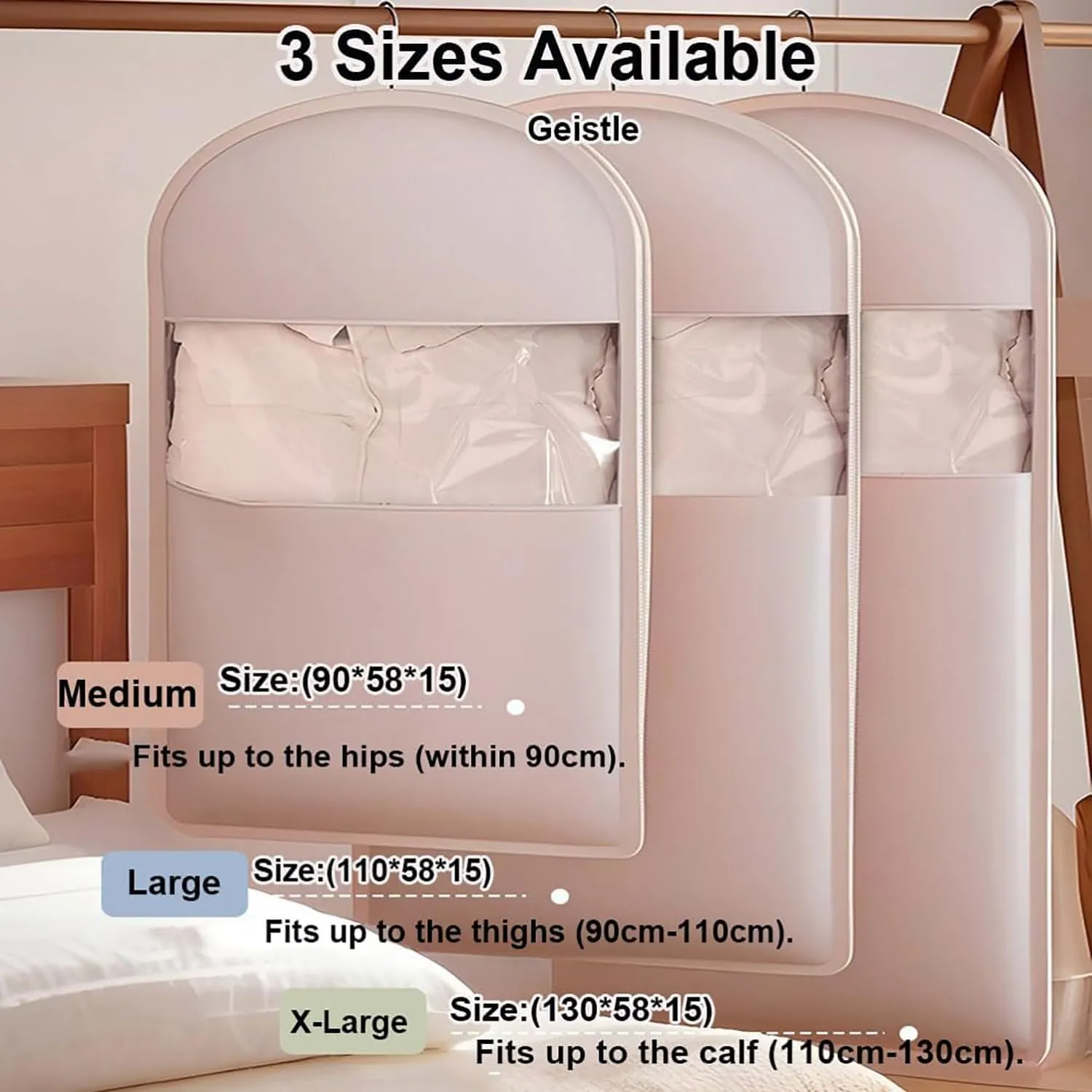 Self Compression Hanging Garment Bag Space Saver For Closet Storage Waterproof Dustproof Garment Protector With Clear Window 3 Sizes(Pink,L)
