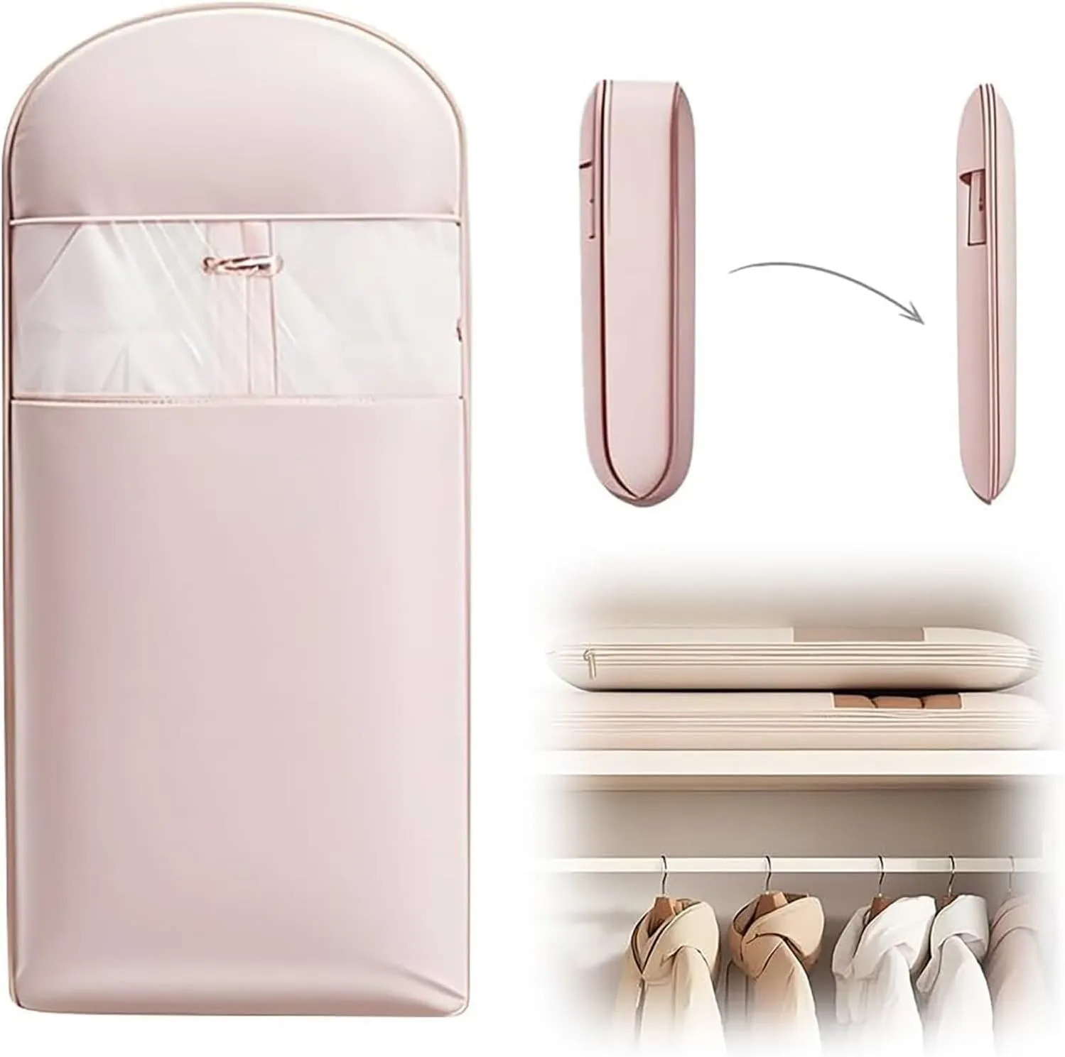 Self Compression Hanging Garment Bag Space Saver For Closet Storage Waterproof Dustproof Garment Protector With Clear Window 3 Sizes(Pink,L)