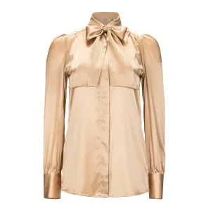 Silk Button Down Shirt with Removable Bow - Champagne