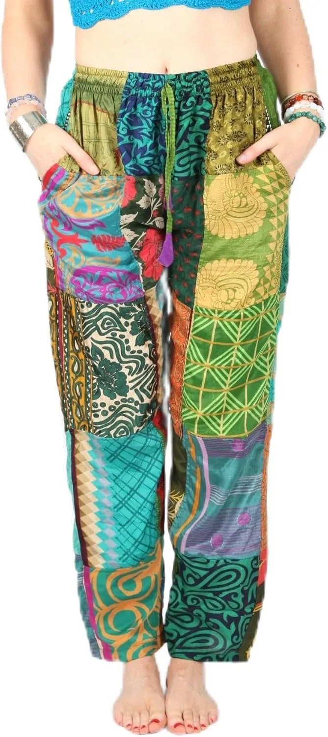 Silk Patchwork Comfortable Patch Work Trousers, Super Comfy Yoga Pant, Boho Hippie Green Harem Pant, Boho Patchwork Harem Pants, Womens Festival Pants.