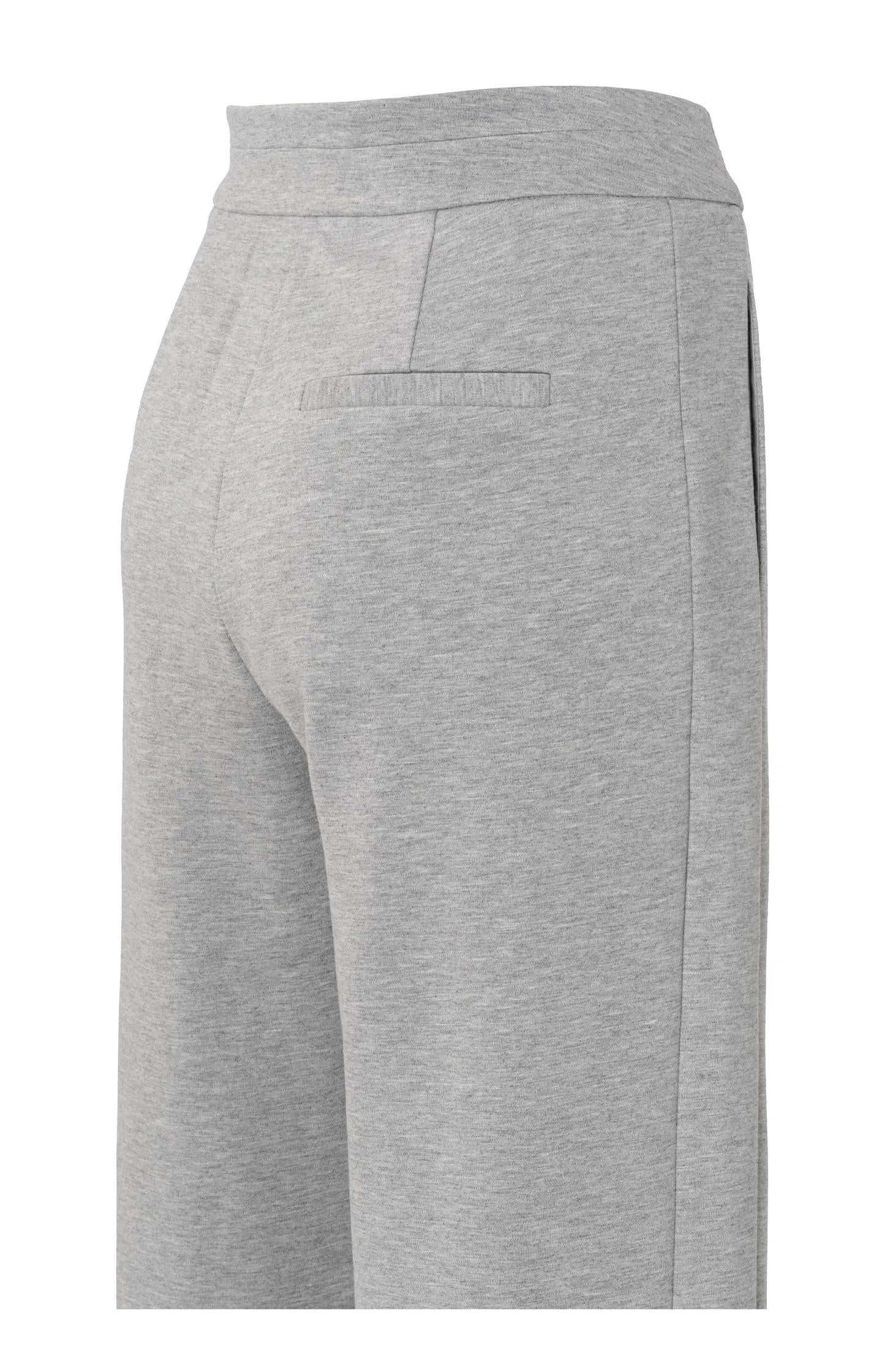 Soft grey trousers with straight legs and crease details