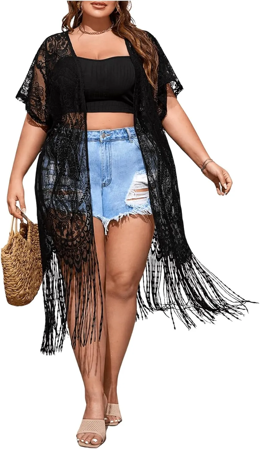 SOLY HUX Women's Plus Size Lace Sheer Fringe Trim Cover Up Dress Short Sleeve Open Front Kimono Cardigans