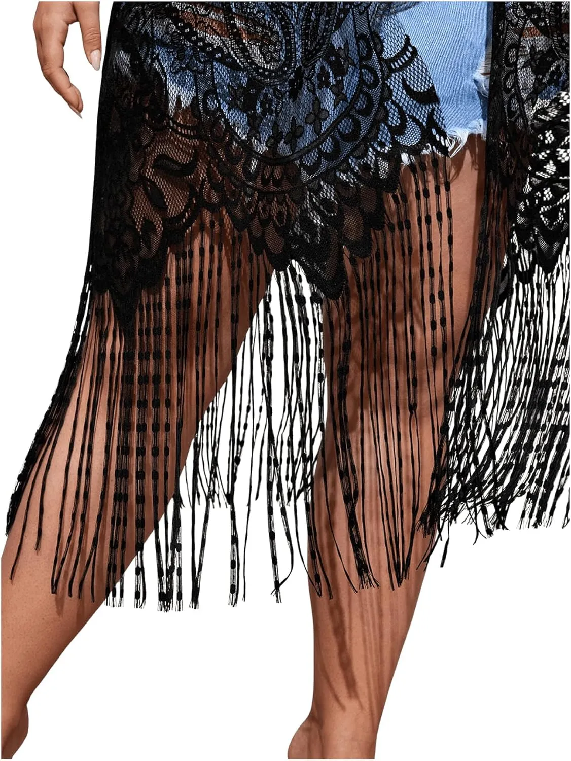 SOLY HUX Women's Plus Size Lace Sheer Fringe Trim Cover Up Dress Short Sleeve Open Front Kimono Cardigans