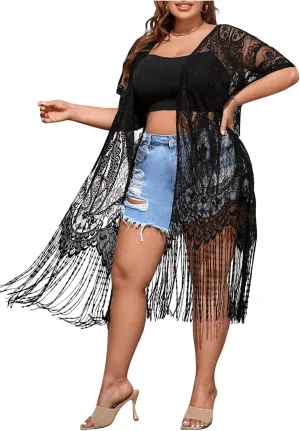 SOLY HUX Women's Plus Size Lace Sheer Fringe Trim Cover Up Dress Short Sleeve Open Front Kimono Cardigans