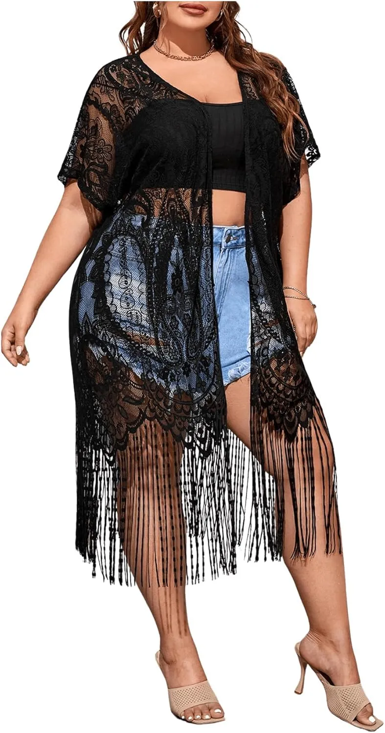 SOLY HUX Women's Plus Size Lace Sheer Fringe Trim Cover Up Dress Short Sleeve Open Front Kimono Cardigans