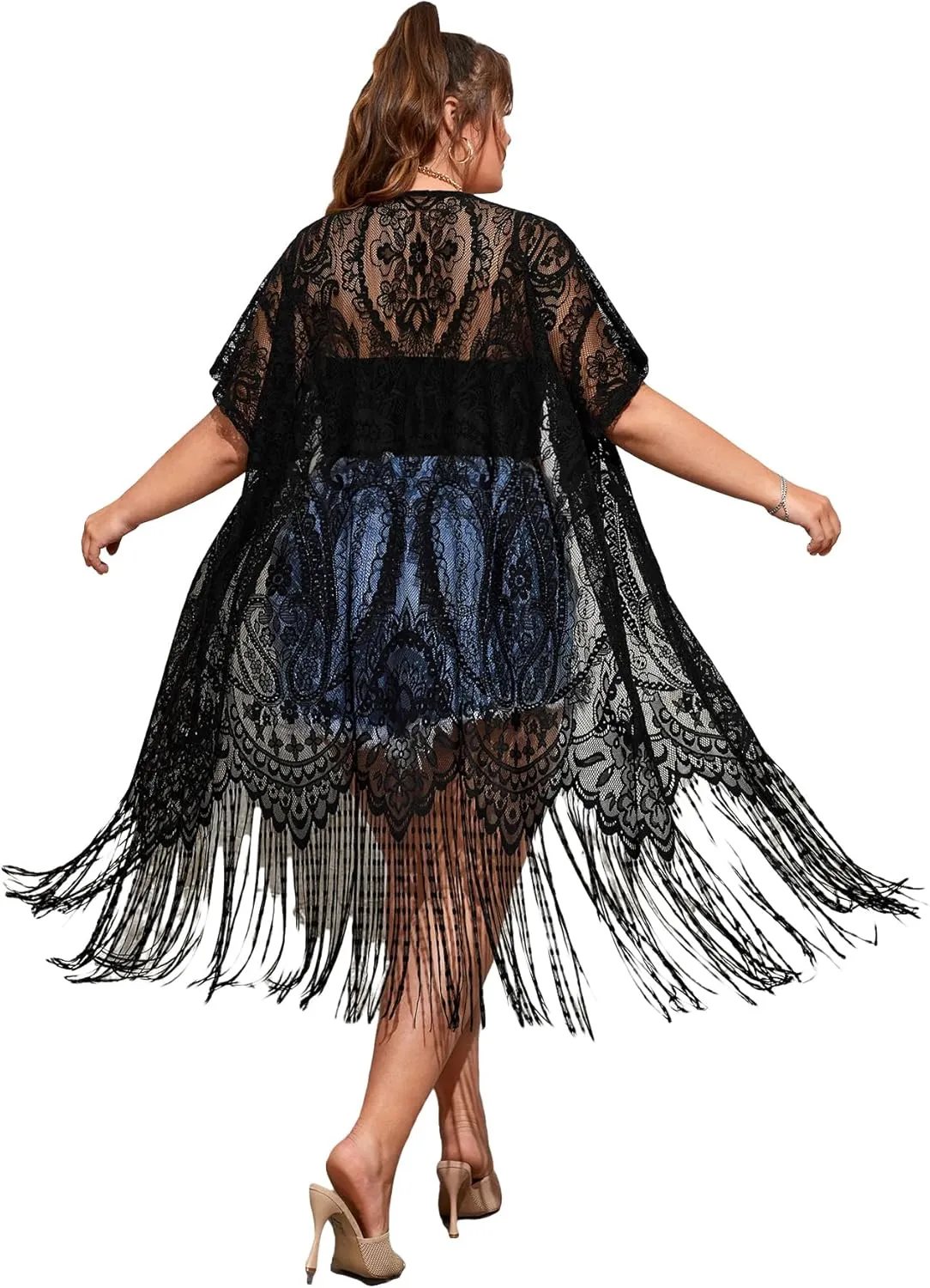 SOLY HUX Women's Plus Size Lace Sheer Fringe Trim Cover Up Dress Short Sleeve Open Front Kimono Cardigans