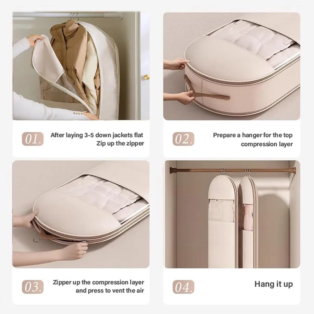 Space Saving Hanging Garment Bag with Self Compression Zipper, 2025 New Dust Cover, Space Saver Closet Organizers, Dust Cover Clothes Bags for Down Coat (Beige,Large)
