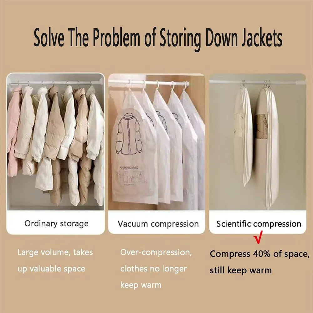 Space Saving Hanging Garment Bag with Self Compression Zipper, 2025 New Dust Cover, Space Saver Closet Organizers, Dust Cover Clothes Bags for Down Coat (Beige,Large)