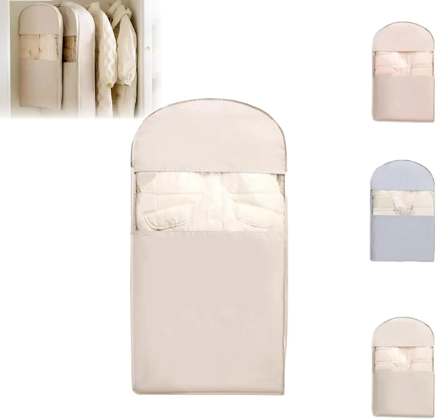 Space Saving Hanging Garment Bag with Self Compression Zipper, 2025 New Dust Cover, Space Saver Closet Organizers, Dust Cover Clothes Bags for Down Coat (Beige,Large)