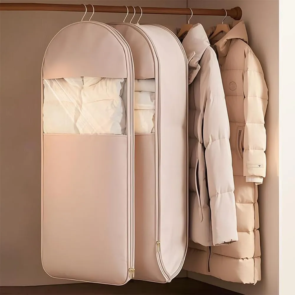 Space Saving Hanging Garment Bag with Self Compression Zipper, 2025 New Dust Cover, Space Saver Closet Organizers, Dust Cover Clothes Bags for Down Coat (Beige,Large)