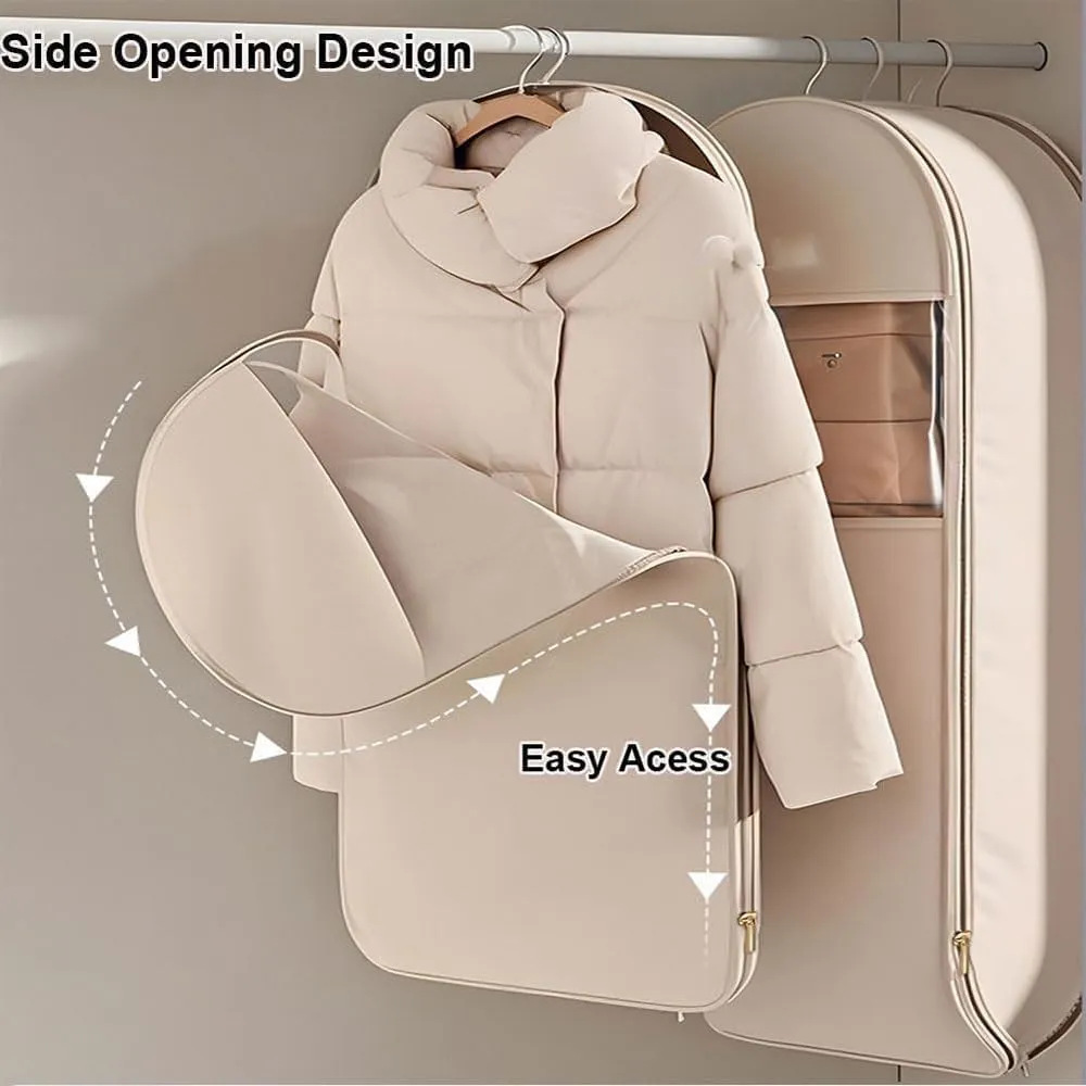 Space Saving Hanging Garment Bag with Self Compression Zipper, 2025 New Dust Cover, Space Saver Closet Organizers, Dust Cover Clothes Bags for Down Coat (Beige,Large)