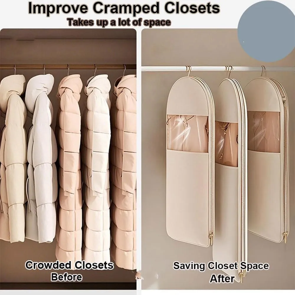 Space Saving Hanging Garment Bag with Self Compression Zipper, 2025 New Dust Cover, Space Saver Closet Organizers, Dust Cover Clothes Bags for Down Coat (Beige,Large)