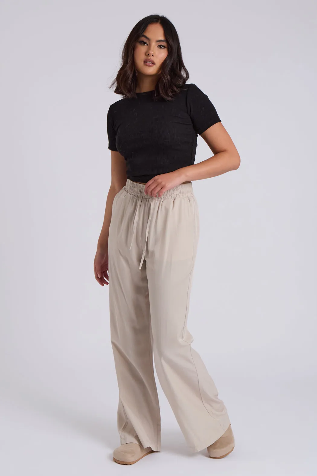 Stone Drawstring Wide Leg Trousers