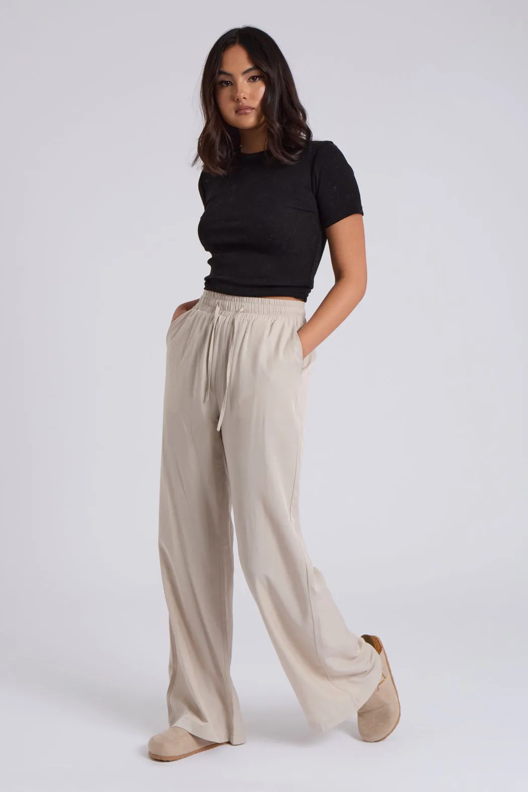Stone Drawstring Wide Leg Trousers