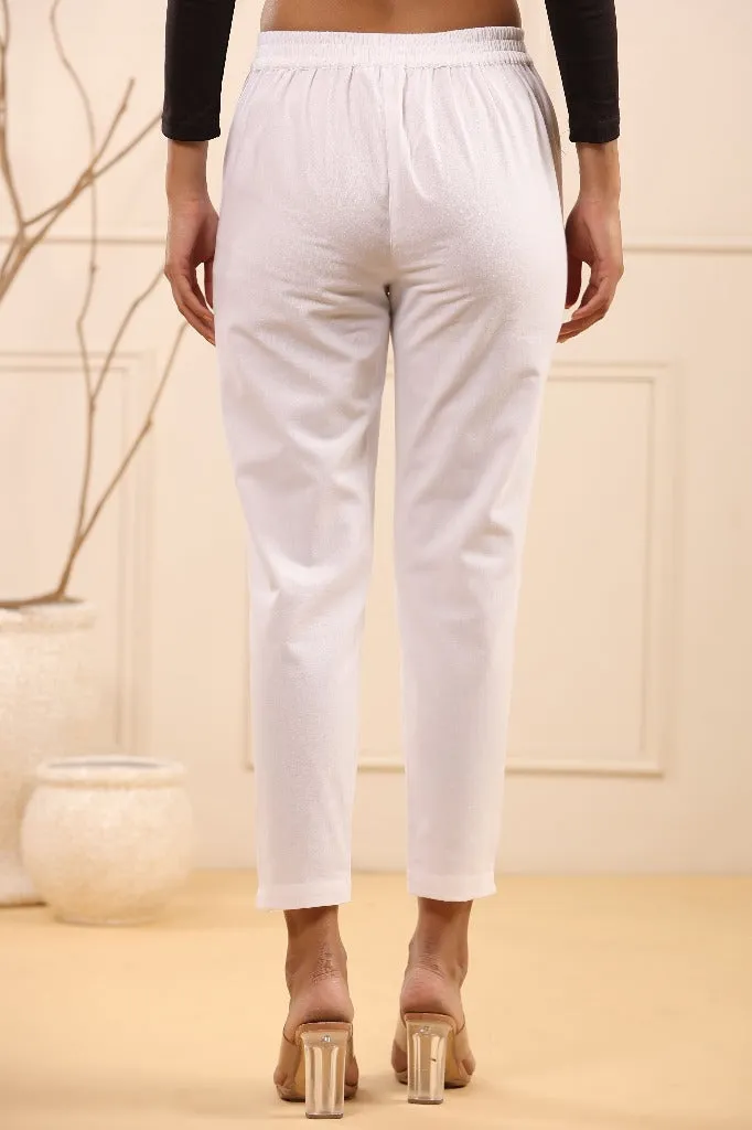 Stylish White Cotton Pleated Cigarette Trousers