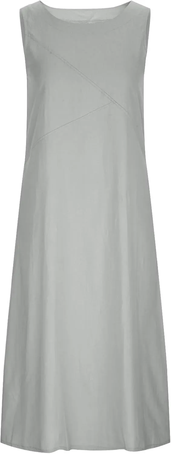 Summer Dresses for Women 2024 Casual Round Neck Cotton Linen Dress Loose Sleeveless Tank Top Maxi Dress with Pockets