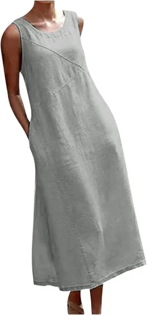 Summer Dresses for Women 2024 Casual Round Neck Cotton Linen Dress Loose Sleeveless Tank Top Maxi Dress with Pockets
