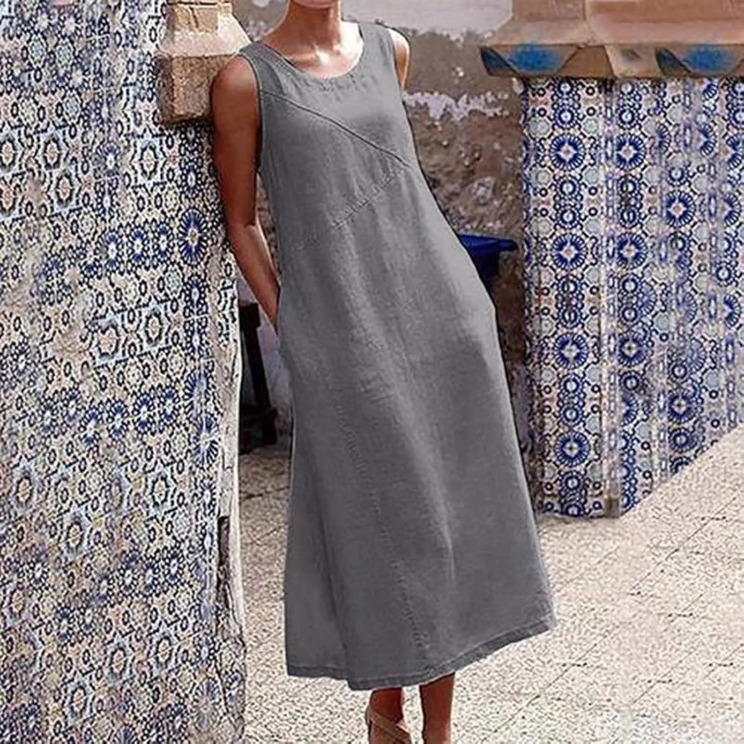 Summer Dresses for Women 2024 Casual Round Neck Cotton Linen Dress Loose Sleeveless Tank Top Maxi Dress with Pockets