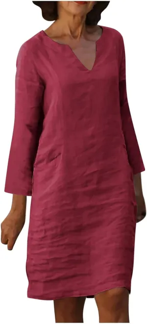 TANGNADE Womens Cotton Linen Midi Dresses Summer Long Sleeve V-Neck Casual Loose Beach Dress Travel Vacation Clothing