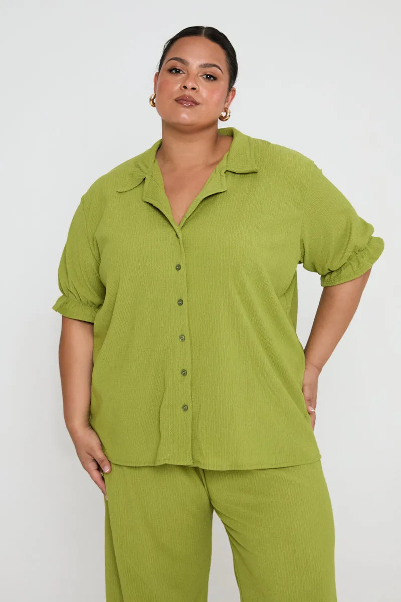 Textured Wide Leg Stretch Crinkle Trousers in Olive