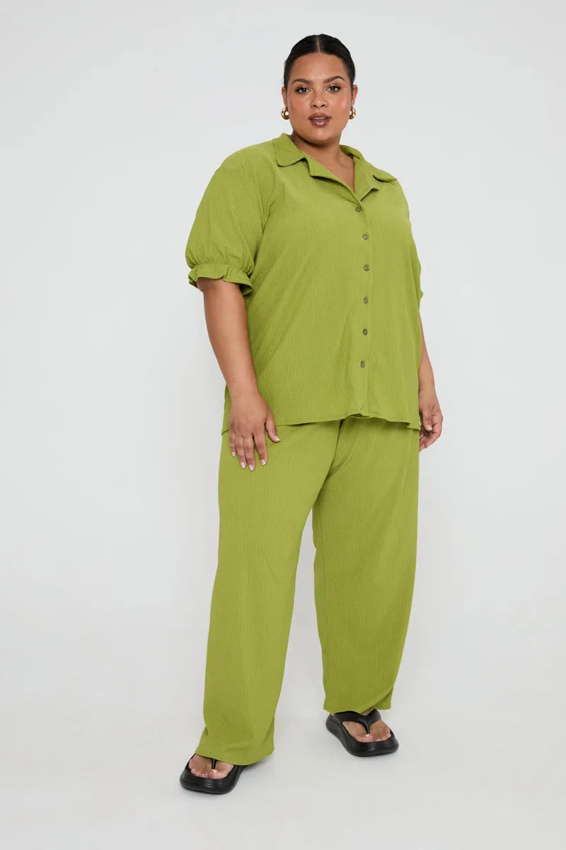 Textured Wide Leg Stretch Crinkle Trousers in Olive