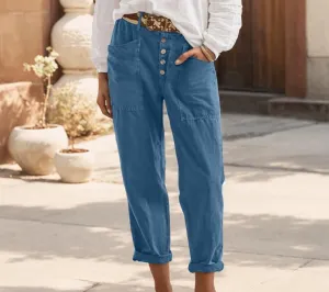 TIAFORD Women Cotton Linen Pant High Waist Button Up Wide Leg Long Pant Summer Loose Beach Lounge Capri Trousers with Pocket