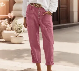 TIAFORD Women Cotton Linen Pant High Waist Button Up Wide Leg Long Pant Summer Loose Beach Lounge Capri Trousers with Pocket