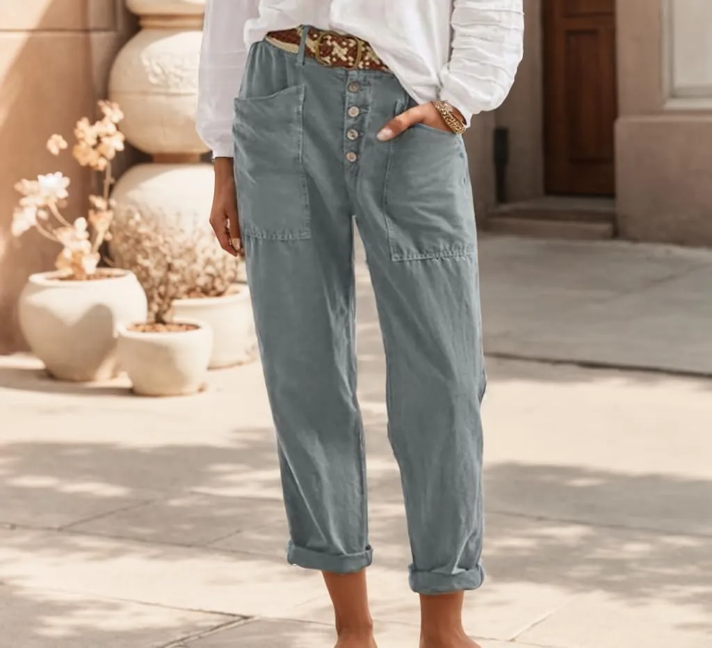 TIAFORD Women Cotton Linen Pant High Waist Button Up Wide Leg Long Pant Summer Loose Beach Lounge Capri Trousers with Pocket