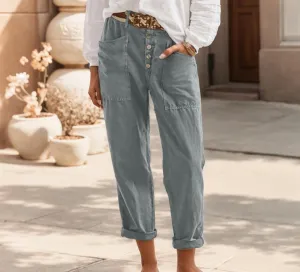 TIAFORD Women Cotton Linen Pant High Waist Button Up Wide Leg Long Pant Summer Loose Beach Lounge Capri Trousers with Pocket