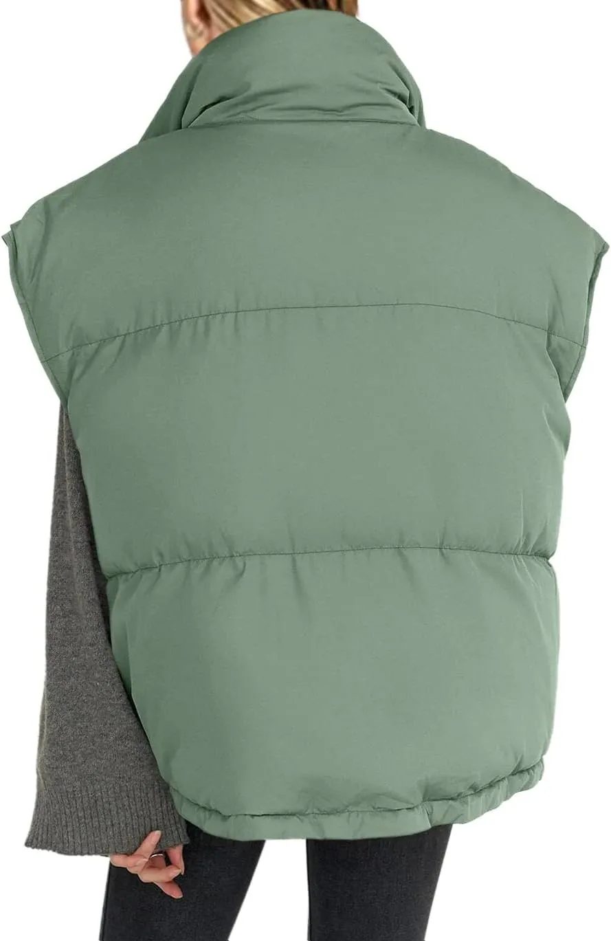 Veatzaer Womens Oversized Puffer Vest Outerwear Stand Collar Drawstring Hem Sleeveless Jackets Zip Warm Winter Coats