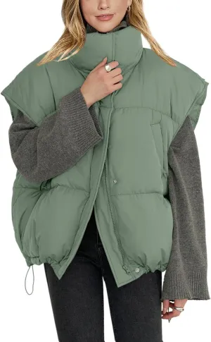 Veatzaer Womens Oversized Puffer Vest Outerwear Stand Collar Drawstring Hem Sleeveless Jackets Zip Warm Winter Coats