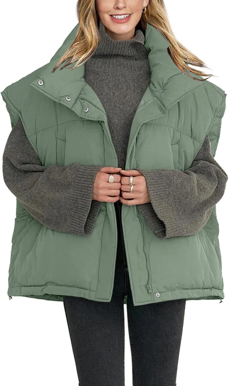 Veatzaer Womens Oversized Puffer Vest Outerwear Stand Collar Drawstring Hem Sleeveless Jackets Zip Warm Winter Coats
