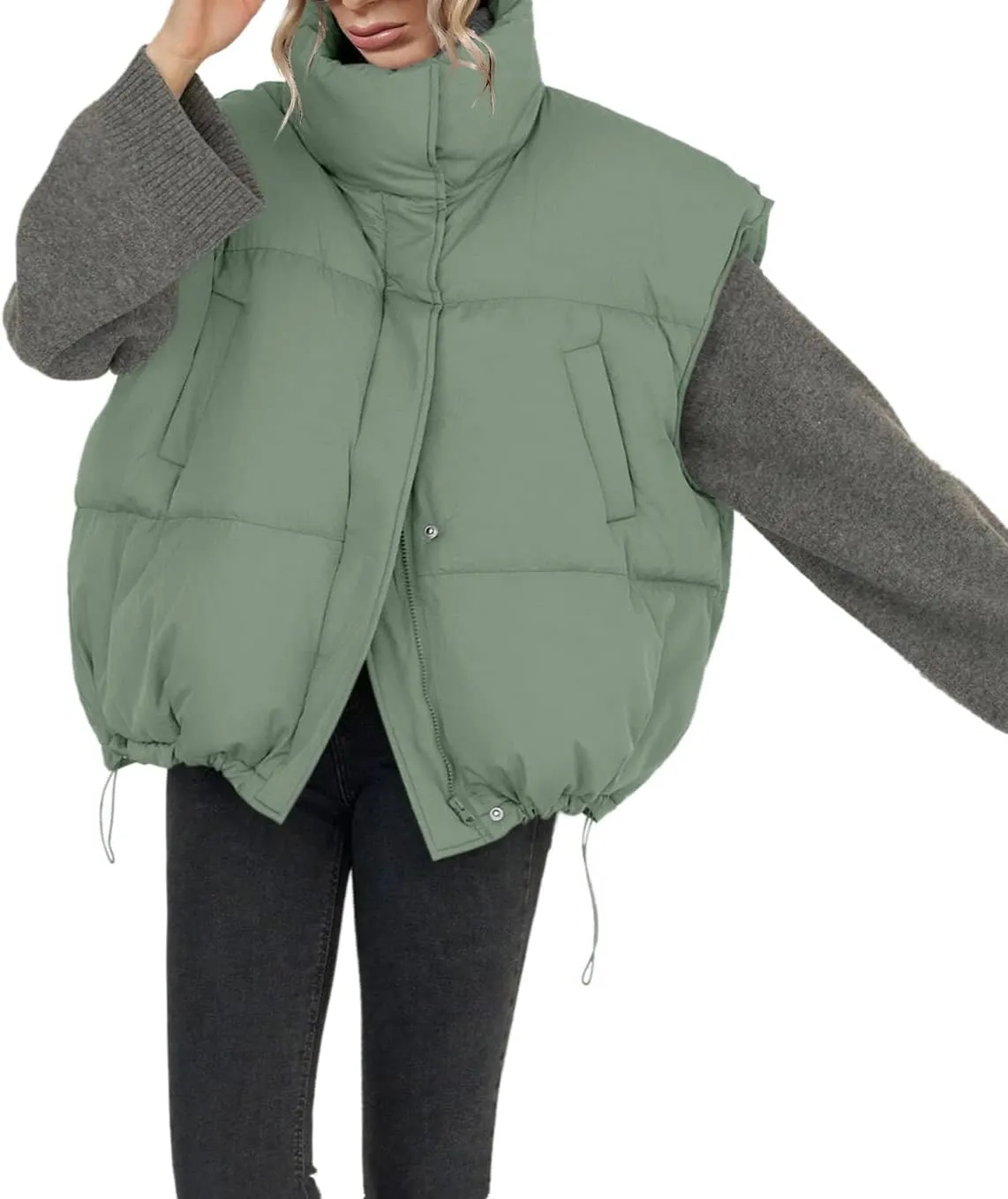 Veatzaer Womens Oversized Puffer Vest Outerwear Stand Collar Drawstring Hem Sleeveless Jackets Zip Warm Winter Coats