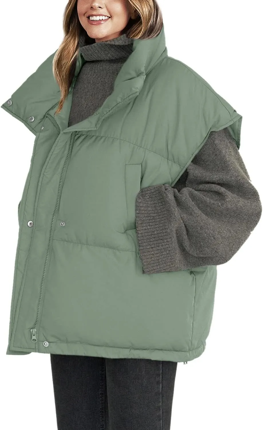 Veatzaer Womens Oversized Puffer Vest Outerwear Stand Collar Drawstring Hem Sleeveless Jackets Zip Warm Winter Coats