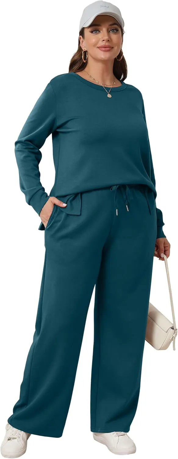 WIHOLL Women's 2 Piece Lounge Sets Sweatshirt Casual Travel Outfits Fashion Wide Leg Tracksuit Cozy Sweatsuits